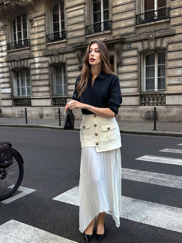 Pariaura Women's Casual Button-Front Pocket A-Line Skirt