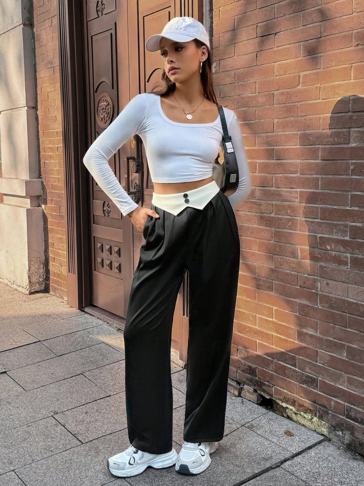 Pariaura Women's Contrast Color Waistband Pleated Pocket Straight Loose Casual Pants