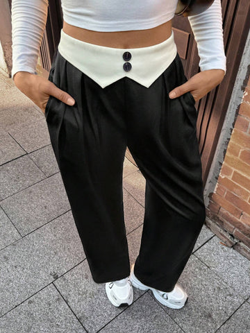 Pariaura Women's Contrast Color Waistband Pleated Pocket Straight Loose Casual Pants