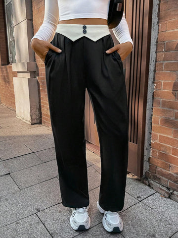 Pariaura Women's Contrast Color Waistband Pleated Pocket Straight Loose Casual Pants
