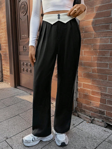 Pariaura Women's Contrast Color Waistband Pleated Pocket Straight Loose Casual Pants