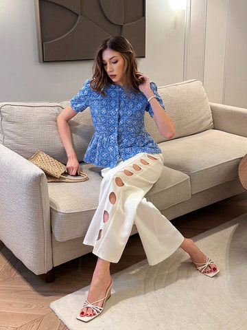 Women's Fashion Short Sleeve Fitted Shirt, Elegant Embroidered Pattern