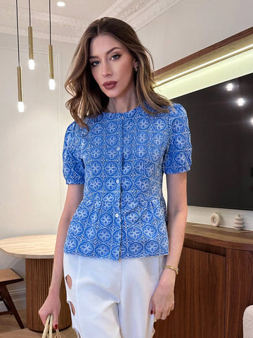 Women's Fashion Short Sleeve Fitted Shirt, Elegant Embroidered Pattern