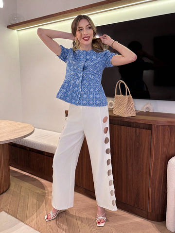 Women's Fashion Short Sleeve Fitted Shirt, Elegant Embroidered Pattern