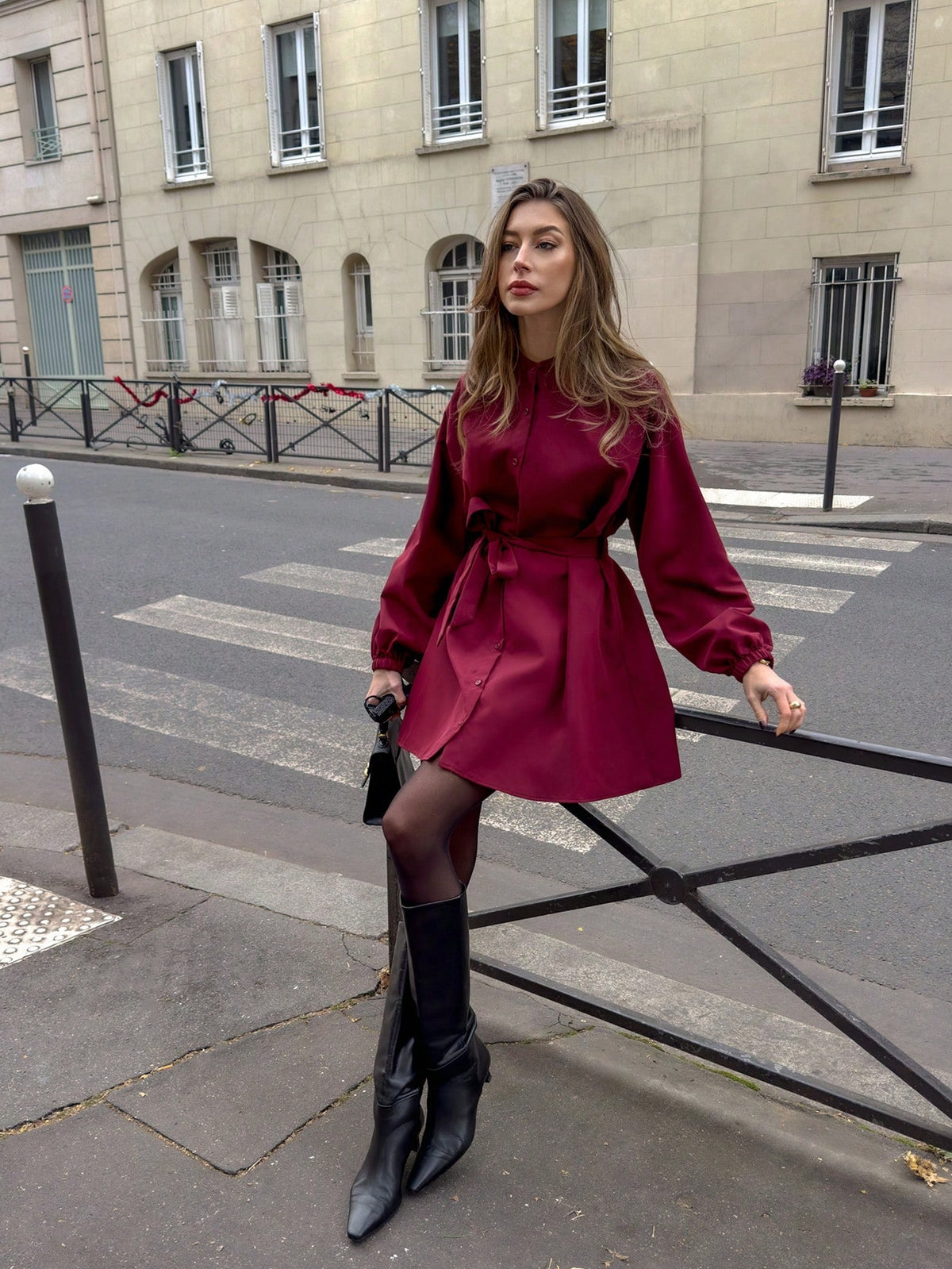 Pariaura Women's Solid Color Long Sleeve Single-Breasted Casual Short Dress