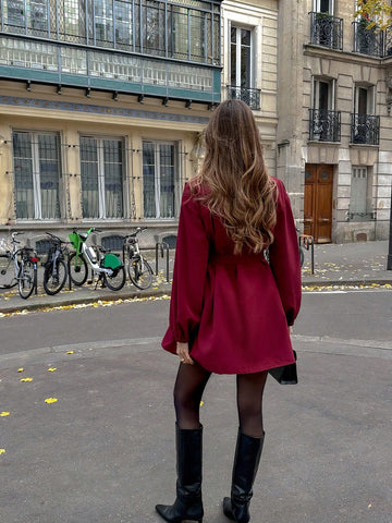 Pariaura Women's Solid Color Long Sleeve Single-Breasted Casual Short Dress