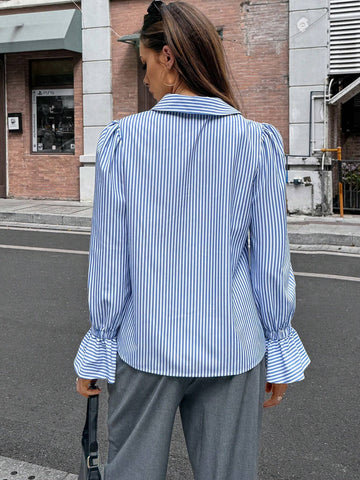 Women's Striped Ruffle Cuff Button-Up Shirt