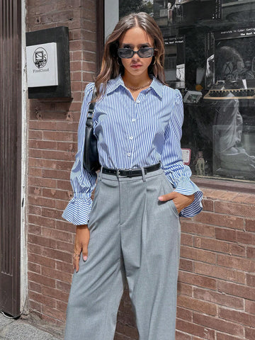 Women's Striped Ruffle Cuff Button-Up Shirt