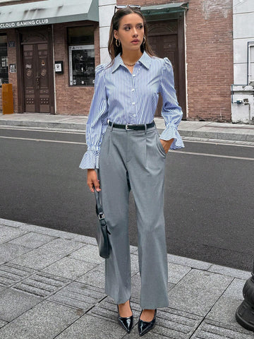 Women's Striped Ruffle Cuff Button-Up Shirt