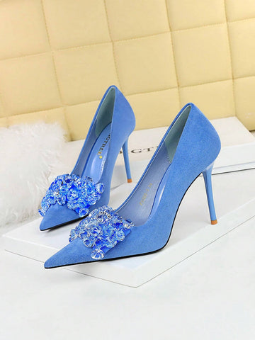 Party High Heels, Thin Heels, Thick Suede, Pointed Toe, Side Hollow Out, Metallic Rhinestone Buckle