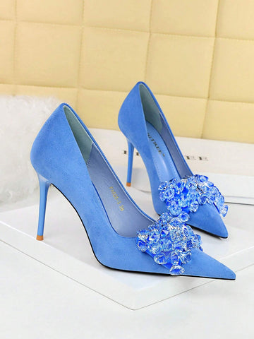 Party High Heels, Thin Heels, Thick Suede, Pointed Toe, Side Hollow Out, Metallic Rhinestone Buckle
