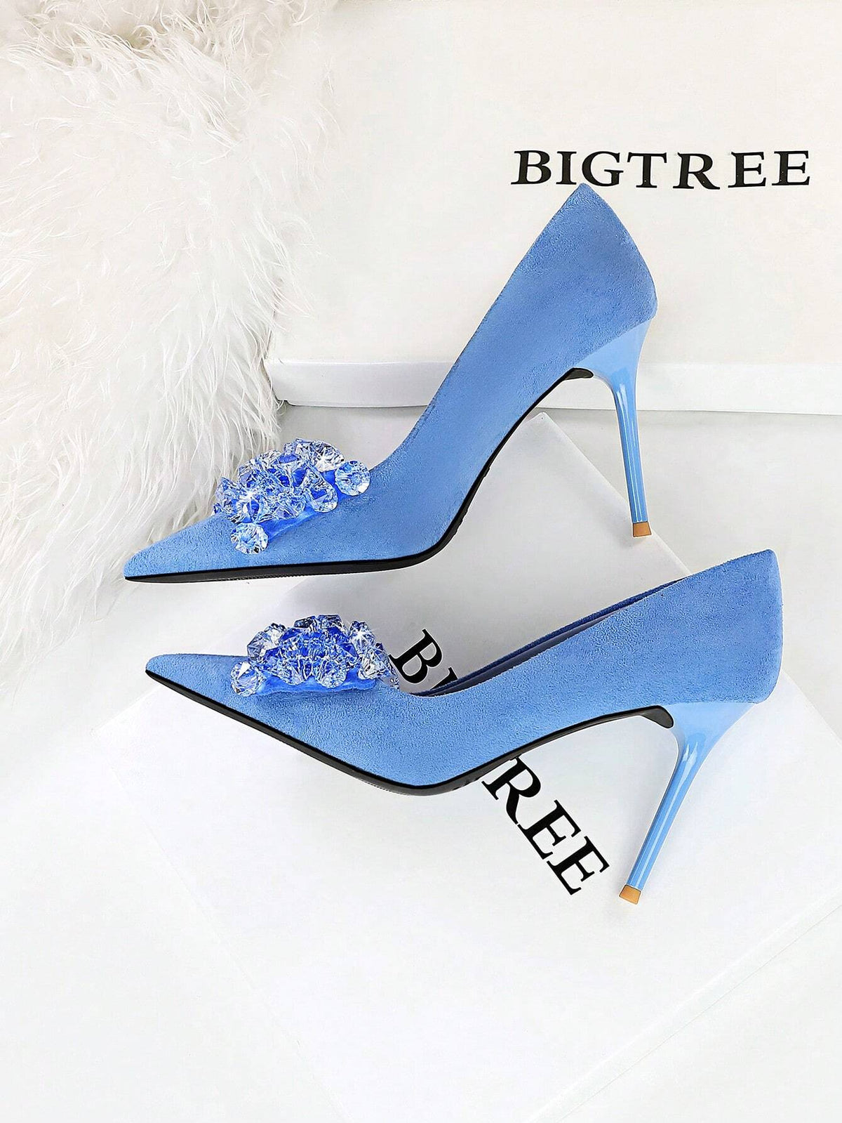 Party High Heels, Thin Heels, Thick Suede, Pointed Toe, Side Hollow Out, Metallic Rhinestone Buckle