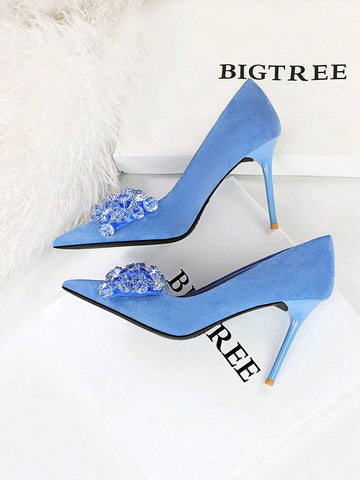 Party High Heels, Thin Heels, Thick Suede, Pointed Toe, Side Hollow Out, Metallic Rhinestone Buckle