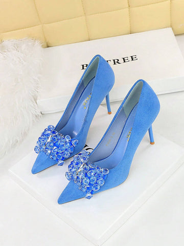 Party High Heels, Thin Heels, Thick Suede, Pointed Toe, Side Hollow Out, Metallic Rhinestone Buckle