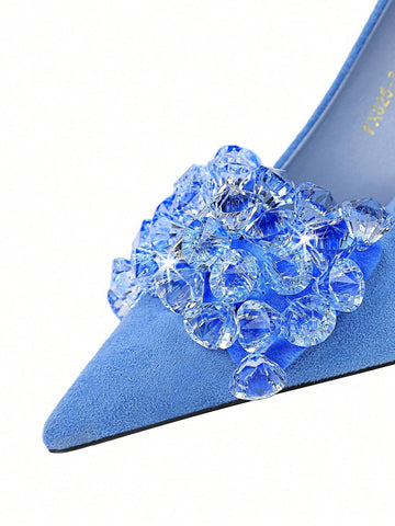 Party High Heels, Thin Heels, Thick Suede, Pointed Toe, Side Hollow Out, Metallic Rhinestone Buckle