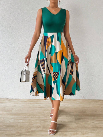 Patchwork Print V-Neck Dress