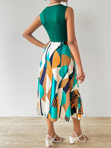Patchwork Print V-Neck Dress