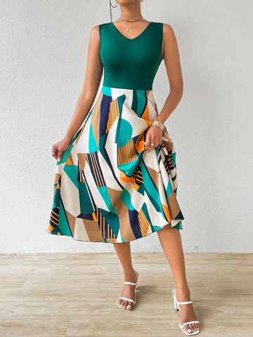 Patchwork Print V-Neck Dress