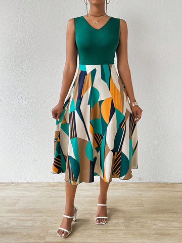 Patchwork Print V-Neck Dress