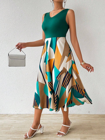 Patchwork Print V-Neck Dress