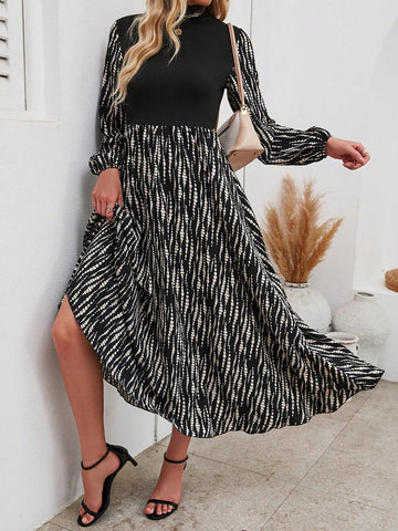 Patchwork Printed Mini Stand Collar Lantern Sleeve Dress