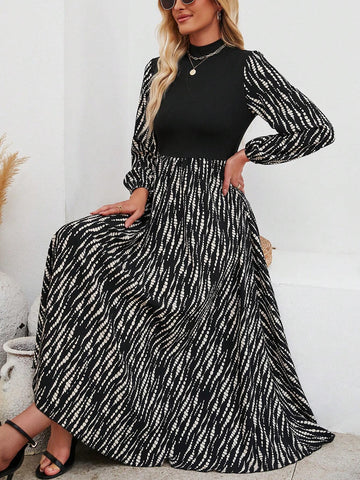 Patchwork Printed Mini Stand Collar Lantern Sleeve Dress