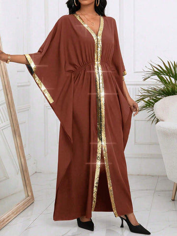Patchwork Sequin V-Neck Loose Fit Maxi Dress