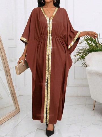 Patchwork Sequin V-Neck Loose Fit Maxi Dress