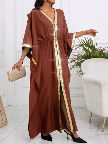 Patchwork Sequin V-Neck Loose Fit Maxi Dress