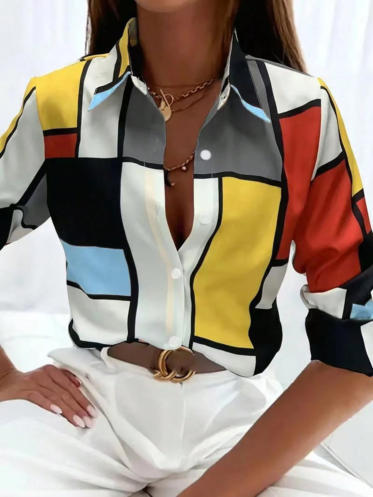 Patchwork Shirt, Casual Button-Up Long Sleeve Shirt, Women's