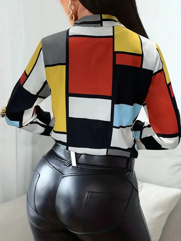 Patchwork Shirt, Casual Button-Up Long Sleeve Shirt, Women's