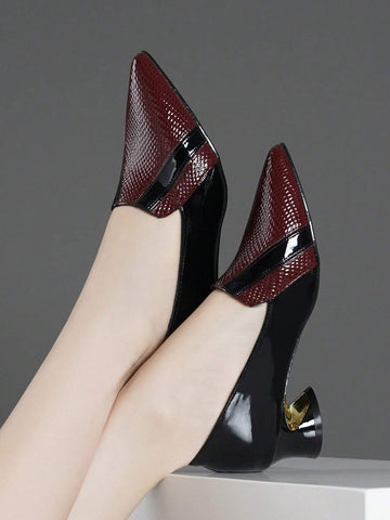 Patent Leather Splicing Women's Stylish & Comfortable Chunky High Heel Shoes