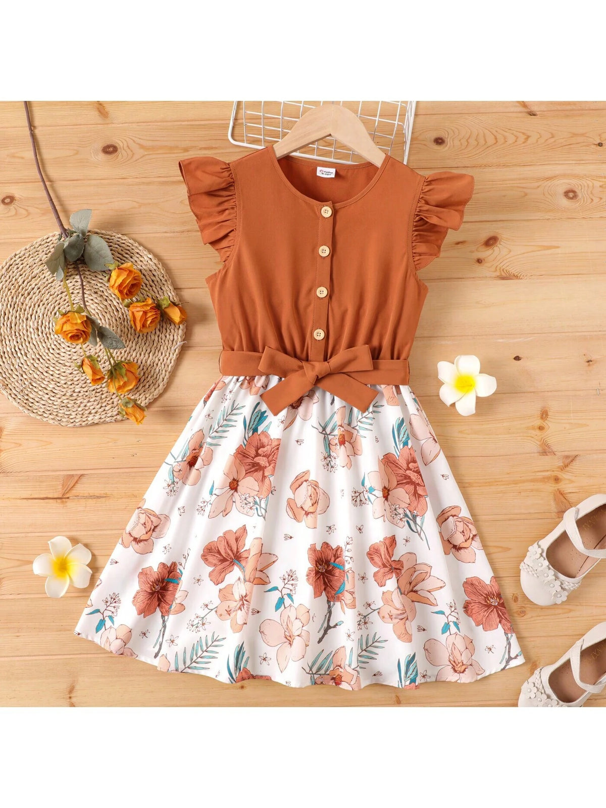 Patpat Kid Girl Ruffled Floral Print Splice Belted Flutter-Sleeve Dress