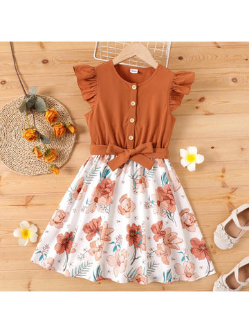 Patpat Kid Girl Ruffled Floral Print Splice Belted Flutter-Sleeve Dress
