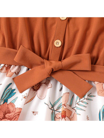 Patpat Kid Girl Ruffled Floral Print Splice Belted Flutter-Sleeve Dress