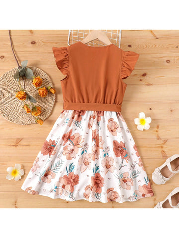 Patpat Kid Girl Ruffled Floral Print Splice Belted Flutter-Sleeve Dress