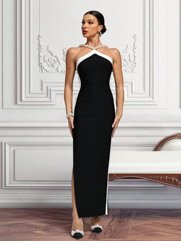 Pearl Decor High Slit Crisscross Halter Bodycon Dress