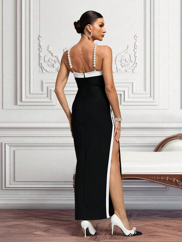 Pearl Decor High Slit Crisscross Halter Bodycon Dress