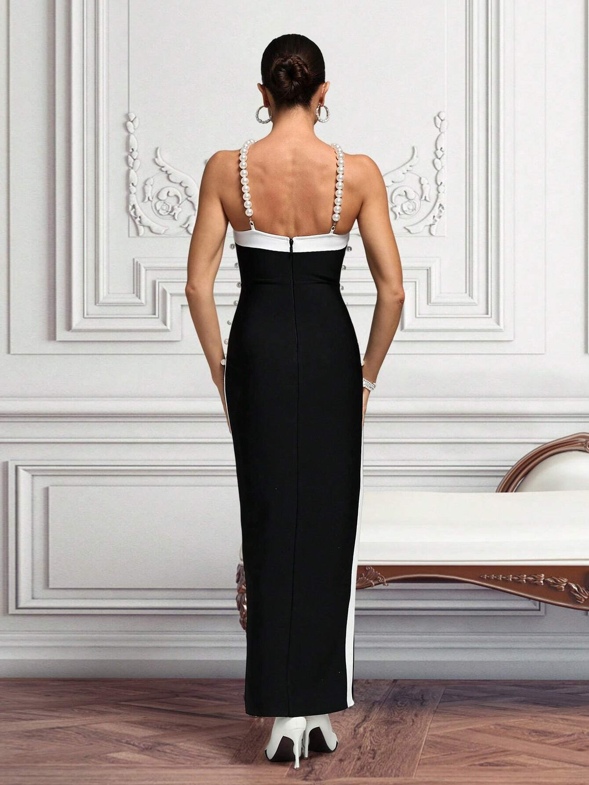 Pearl Decor High Slit Crisscross Halter Bodycon Dress