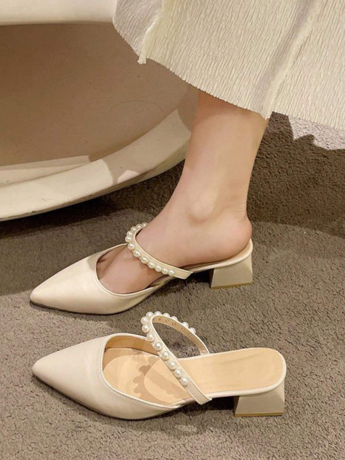 Pearl High Heel Sandals With Pointed Toe, Beige, 2024 Summer