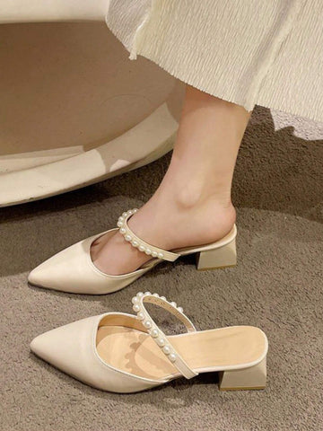 Pearl High Heel Sandals With Pointed Toe, Beige, 2024 Summer