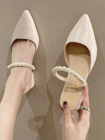 Pearl High Heel Sandals With Pointed Toe, Beige, 2024 Summer