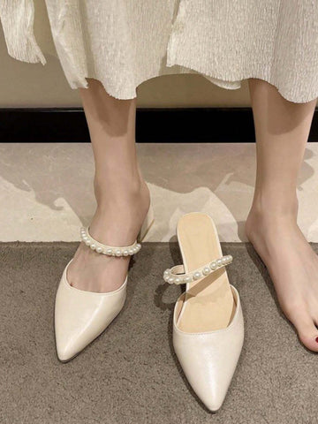 Pearl High Heel Sandals With Pointed Toe, Beige, 2024 Summer