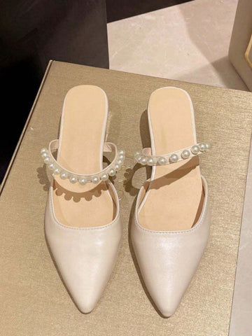 Pearl High Heel Sandals With Pointed Toe, Beige, 2024 Summer