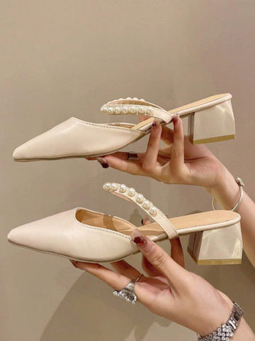 Pearl High Heel Sandals With Pointed Toe, Beige, 2024 Summer