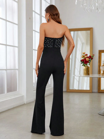 Pearls Beaded Flare Leg Tube Party Jumpsuit