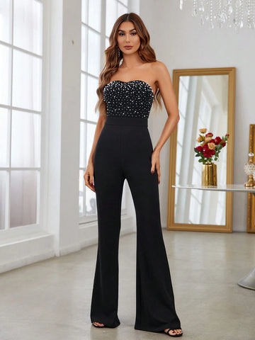 Pearls Beaded Flare Leg Tube Party Jumpsuit