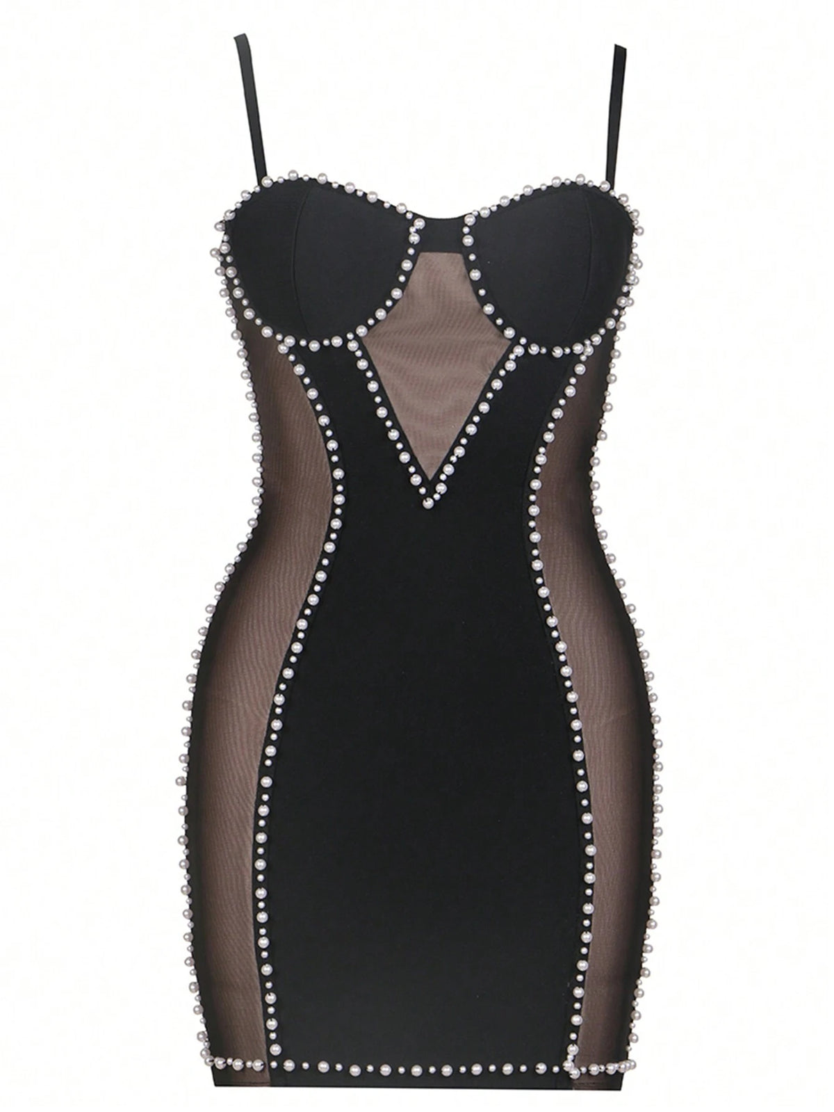 Pearls Beaded Mesh Insert Bodycon Dress