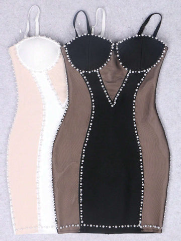 Pearls Beaded Mesh Insert Bodycon Dress