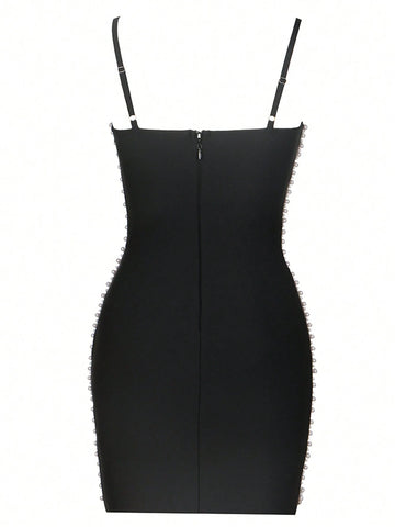 Pearls Beaded Mesh Insert Bodycon Dress